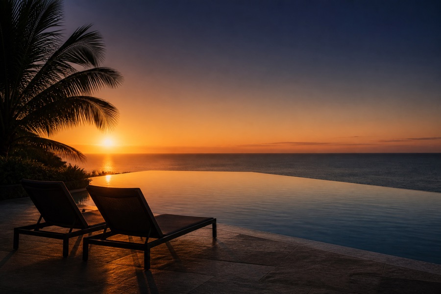 Piscine à débordement d’un resort au couchant, palme et transats au premier plan.
