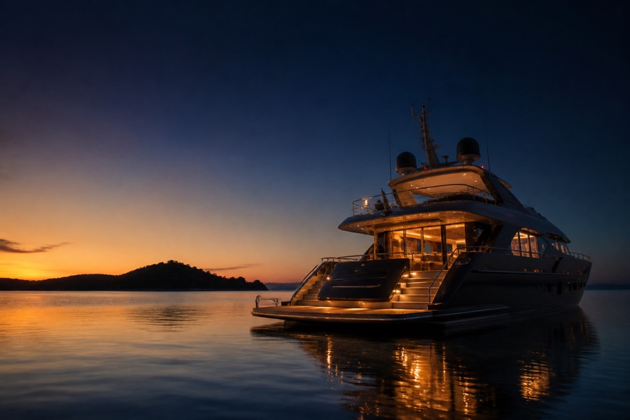 Lit yacht at anchor on an ink-dark sea, at sunset.